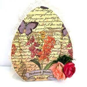NEW Floral Decorative Easter Egg Plaque with Butterflies and Roses Lace Trim